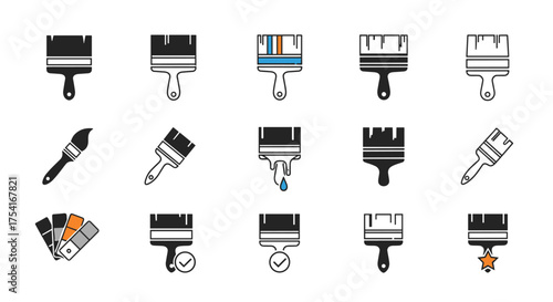 Set of 15 Paintbrush Icons Vector Collection, Painting Tools Symbols, Color Palette, Dripping Paint, Quality Check Marks and Creative Design Elements for Art and Decor