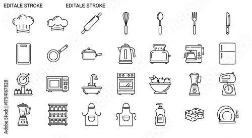 Collection of Kitchen Appliance and Cooking Utensils Line Icons, Chef Hats, Cutlery, Cooking Tools, Oven, Blender, Refrigerator, Aprons, and Dishware for Food Preparation Vector Set