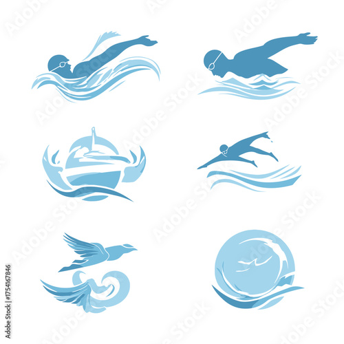 Blue vector illustrations: swimmers, diver, boat, and flying birds with water waves, ideal for marine and aquatic designs.