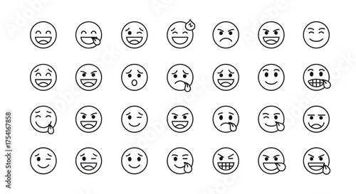 Set of 30 expressive emoji faces outline style icons showing emotions like happiness, anger, sadness, playfulness, and winking, vector line art for digital communication and social media