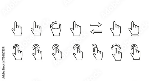 Set of hand cursor line icons. Finger pointing, clicking, tapping gestures. Touchscreen interaction and digital user interface symbols. Outline vector icons for web and app design.