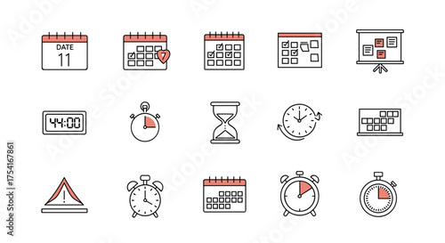 Set of time management and schedule icons including calendars with marked dates, deadline reminders, alarm clocks, timers, hourglass symbols, and task boards for productivity and planning concepts