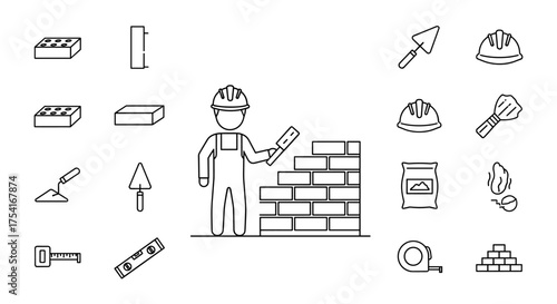 Construction worker building brick wall with trowel and safety helmet icons. Masonry tools set including bricks, trowel, level, tape measure, mortar bag, fire safety, and construction equipment.