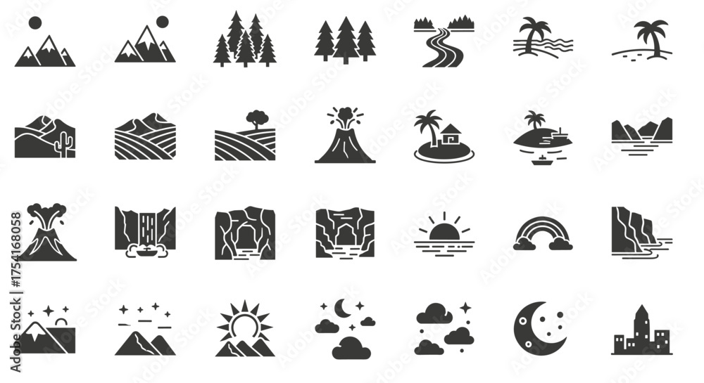 Naklejka premium Collection of Black Nature and Landscape Icons with Mountains, Trees, Rivers, Volcanoes, Islands, Sunsets, Rainbows, Moon, and Cityscape Elements for Vector Design