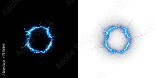 Electric blue lightning circle overlay on contrasting black and white backgrounds, creating a dynamic visual effect for creative design projects and digital art applications