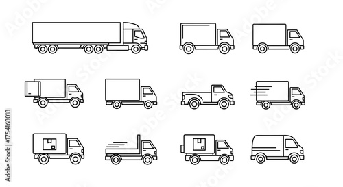 Set of Delivery Trucks and Cargo Vans Line Art Icons for Logistics, Shipping, Transport and Freight Transport Vehicles Outline Vector Illustration