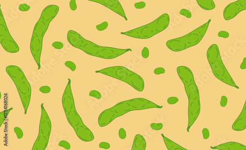 Soybeans seamless pattern. Soybeans background. Soybean beans pattern background.  Edamame illustration for packaging. 