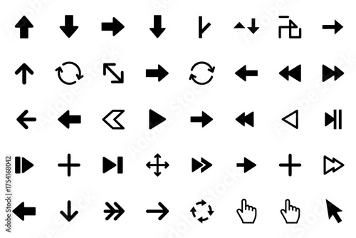 Set of black arrow icons and cursor pointers, navigation symbols collection, directional signs, click pointers, media control arrows, user interface elements design