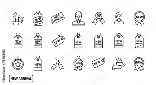 New Arrival Tags and Labels Icon Set, New Product Badge, Update Notification, Quality Ribbon, Customer Service Character, Modern Thin Line Vector Illustration for Business and Marketing