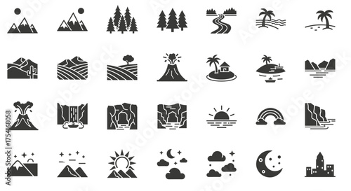 Collection of Black Nature and Landscape Icons with Mountains, Trees, Rivers, Volcanoes, Islands, Sunsets, Rainbows, Moon, and Cityscape Elements for Vector Design