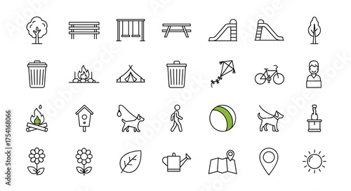 Outdoor park and camping line icons set with playground slides, picnic benches, campfire, dogs, bike, kite, flowers, map, and sun symbol for leisure and nature activities