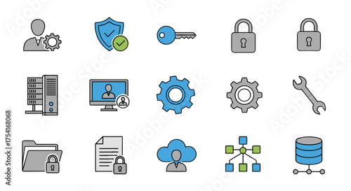 Set of Security Protection Icons with Locks, Keys, User Profile, Cloud Network, Data Storage, Folder and Document Privacy, System Settings and Tools Vector Illustration