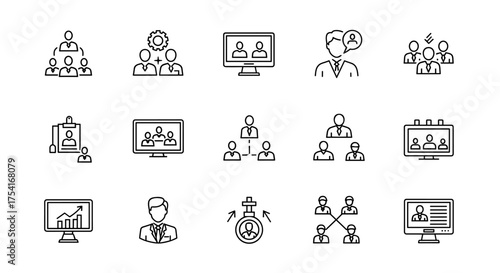 Business and management line icon set. Teamwork, HR, and corporate communication symbols. Vector icons for hierarchy, collaboration, video conference, and recruitment.