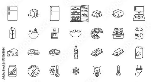 Kitchen refrigerator icons vector set with food, beverages, cooling, temperature, milk, cheese, meat, pizza, jar, fruit bowl, butter, energy, and appliance line drawings for home and commercial use