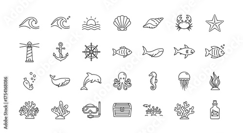 Sea and ocean line icon set. Marine animals and nautical symbols. Vector collection for web and app design. Fish, whale, shark, dolphin, octopus, lighthouse, anchor.