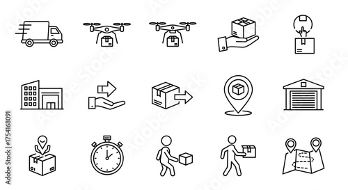 Logistics and delivery service thin line vector icon set. E-commerce shipping and online shopping symbols. Fast truck, drone, warehouse, package tracking, express courier.