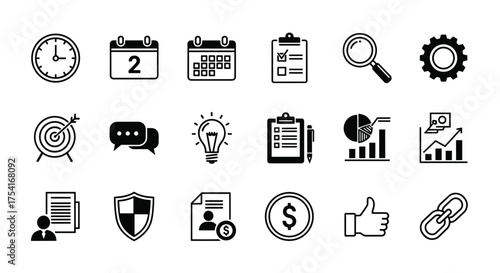 Business management and finance vector icon set. Time, planning, data analytics, strategy, security, money, and communication symbols. Project management and development concept.