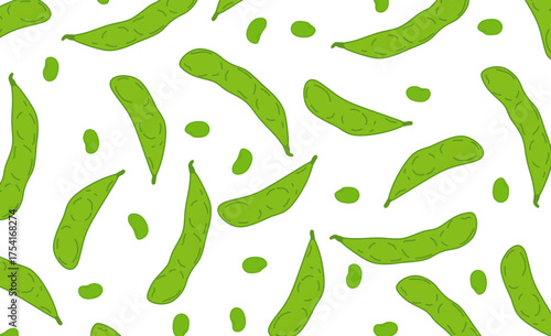 Edamame Seamless Pattern Hand Drawn Sketch. Cute edamame pattern background. Organic Soybean Background for Food and Fabric Design