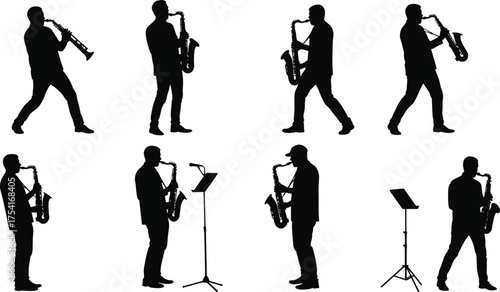 Saxophone Player Silhouettes, Jazz Musicians Performing, Music Stand Illustration, Wind Instrument Vector, Concert Performance, Musical Artist Poses, Band Entertainment Design
