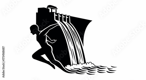 Dynamic figure emerging from cascading waterfall, symbolizing energy and power
