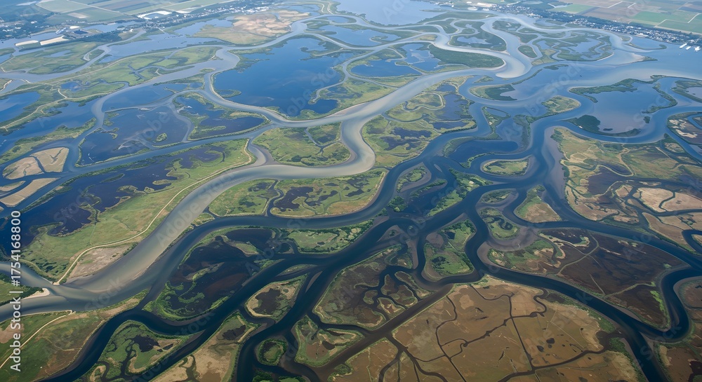 Fototapeta premium Aerial view shows intricate water channels winding through marshland, reflecting sunlight