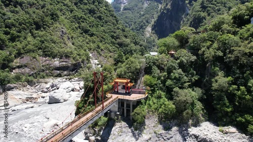 Aerial view of Xiangde Temple and the beautiful entrance bridge in Taroko National Park, Hualien county district, Taiwan