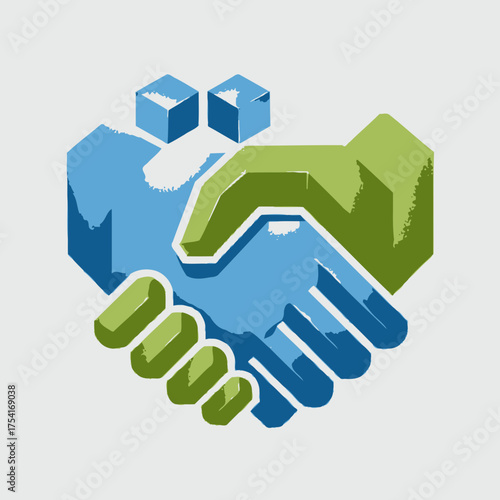 Modern graphic illustration of a stylized handshake representing partnership, agreement, business deal, and collaboration concept.