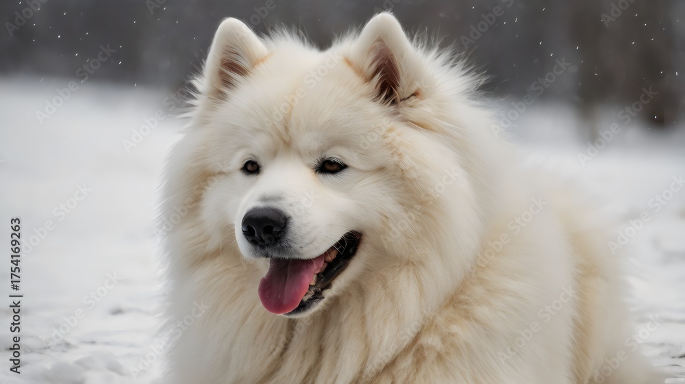 Obraz premium Fluffy Samoyed dog sitting and panting on white background, adorable smiling breed, playful pet portrait, pure white fur photography