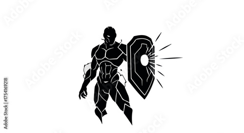 Heroic warrior in silhouette stands strong with shield, radiating power and protection against an unseen threat.