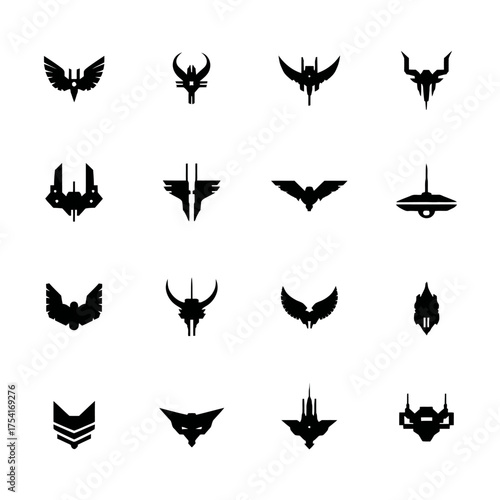 Collection of abstract black vector icons, futuristic emblem designs, stylized winged symbols, heraldic elements, and geometric insignia on white background.