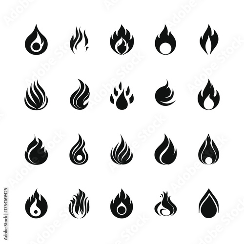 Set of diverse flame icons and fire symbols. Abstract graphic vector elements representing heat, energy, danger, and passion for design.