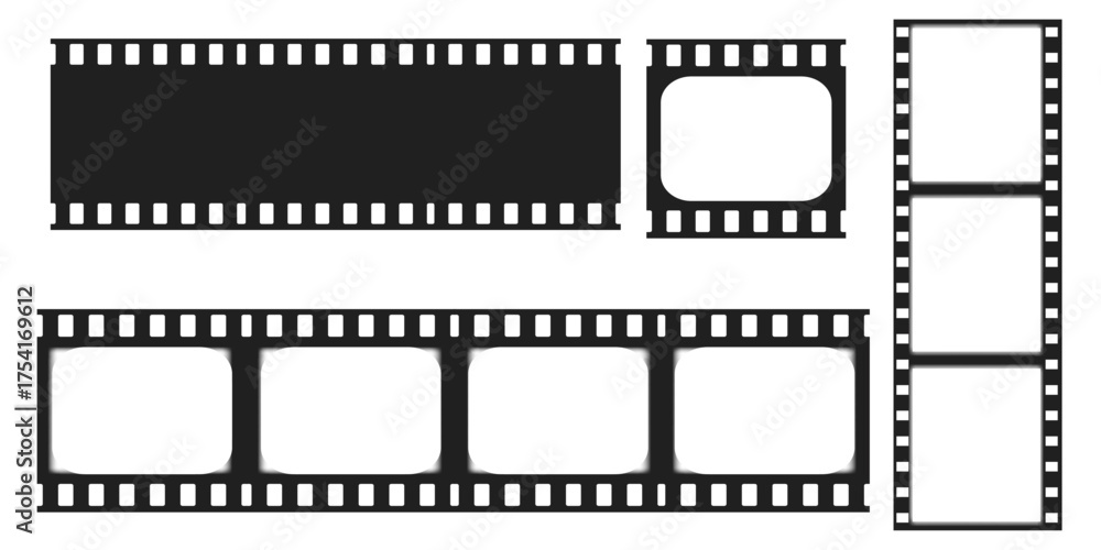 Obraz premium Set Old cinematic frame, video film strip. Retro vintage tape empty template with slide. Tape border, grunge textured silhouette. Video photo reel on background 