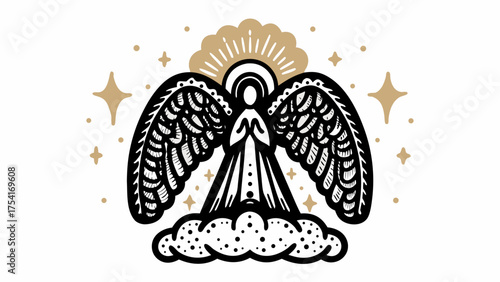 Serene angel with ornate wings and halo hovers above clouds surrounded by celestial stars
