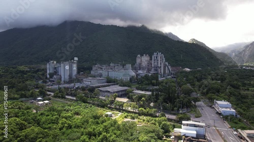 Aerial view of the local cement factory at Xincheng Township in Hualien County, Taiwan, entrance to the beautiful Taroko National Park on the east coast of the Island of Taiwan.