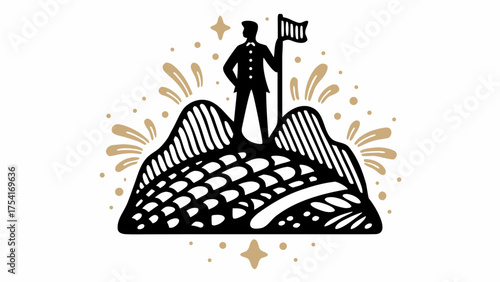 Confident leader plants flag on mountain peak celebrating achievement and success