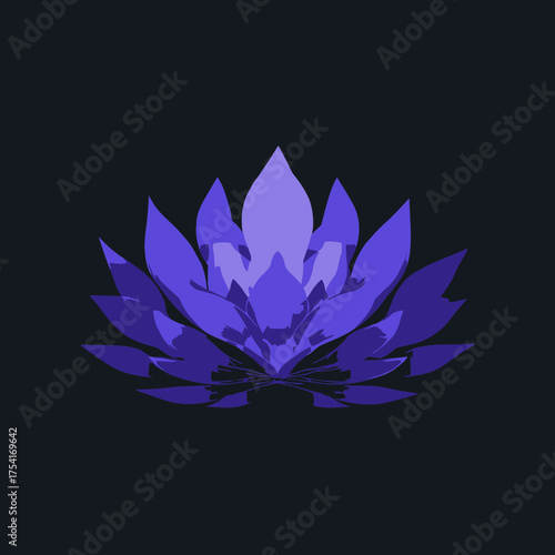 Stylized purple lotus flower illustration with abstract layers, symbolizing meditation, spirituality, inner peace, and wellness on a dark background.