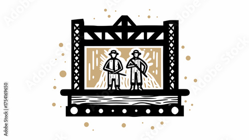 Two armed figures stand on a stage beneath a dramatic structure, evoking performance or historical reenactment