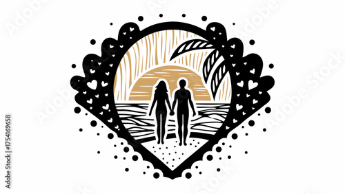 Couple holding hands on beach at sunset with palm trees, romantic seaside embrace captured