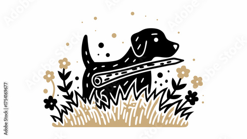 Joyful black dog playing with a stick in a field of flowers, capturing outdoor fun and pet happiness.