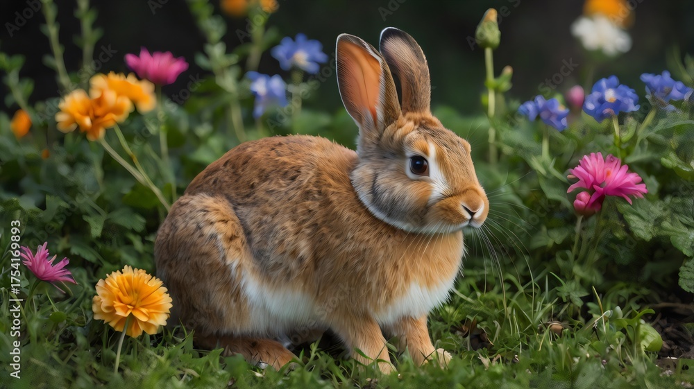 Fototapeta premium Adorable rabbit with flower, cute bunny in spring nature, Easter symbol, fluffy pet animal with floral background, wildlife photography
