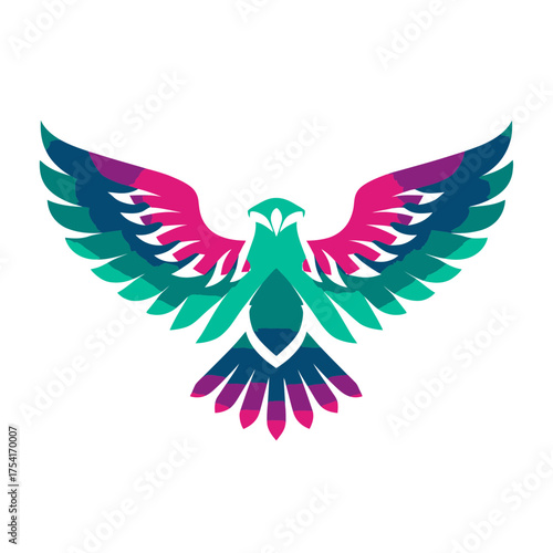 Striking colorful geometric eagle soaring with outstretched wings, modern vector illustration featuring abstract shapes and vibrant plumage.