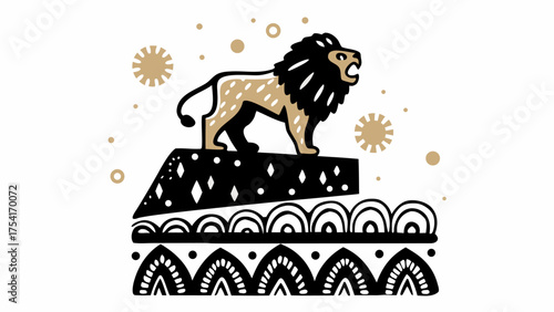 Majestic roaring lion illustration in black and gold, standing tall on patterned pedestal