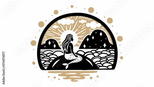 Mermaid sits serenely by the sea, framed by mountains and sunbeams in minimalist modern artwork