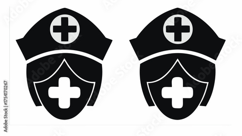 Healthcare hero nurse cap icon, modern medical symbol for clinic or hospital logo design, black and white