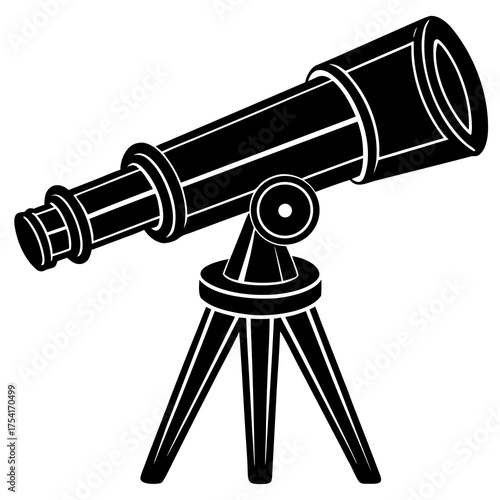 Black silhouette illustration of a telescope pointed towards the stars isolated on a white background
