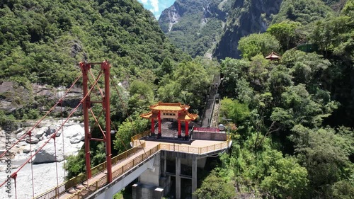 Aerial view of Xiangde Temple and the beautiful entrance bridge in Taroko National Park, Hualien county district, Taiwan