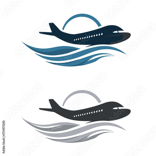 Stylized airplane icon flying over abstract waves, representing air travel, aviation, tourism, and global transportation. Vector graphic illustration for design.