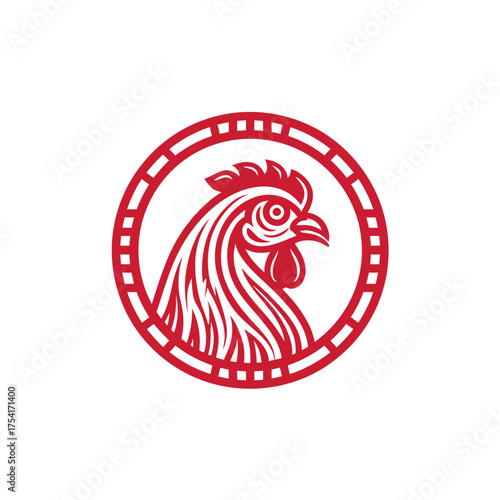 Modern Red Chicken Head Profile Illustration in Circular Frame, Farm Poultry Animal Logo Graphic Design Element
