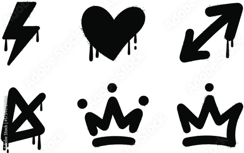 Urban style black spray paint symbols collection heart lightning bolt crowns edgy street art graphics