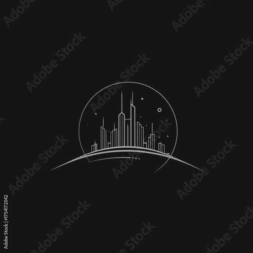 Minimalist line art city skyline illustration with modern skyscrapers under a dark sky, elegant vector outline cityscape on black background.